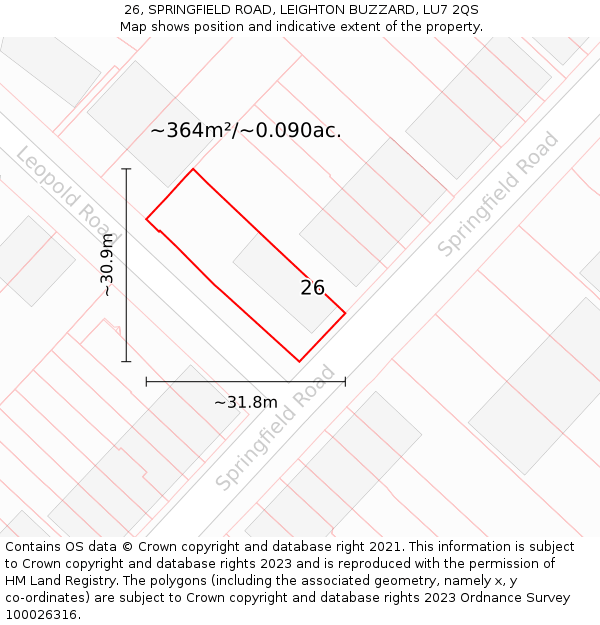 26, SPRINGFIELD ROAD, LEIGHTON BUZZARD, LU7 2QS: Plot and title map
