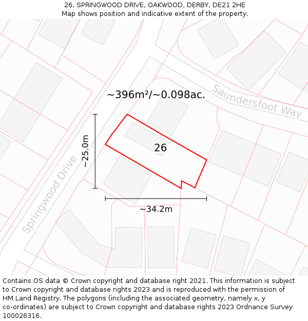 26, SPRINGWOOD DRIVE, OAKWOOD, DERBY, DE21 2HE: Plot and title map