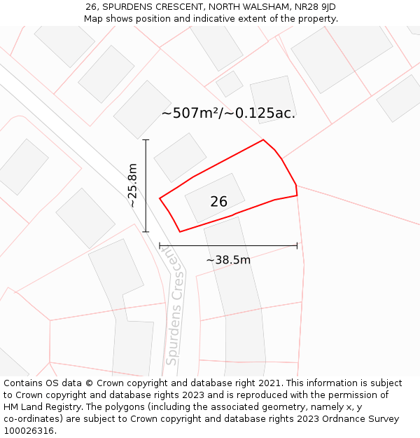 26, SPURDENS CRESCENT, NORTH WALSHAM, NR28 9JD: Plot and title map