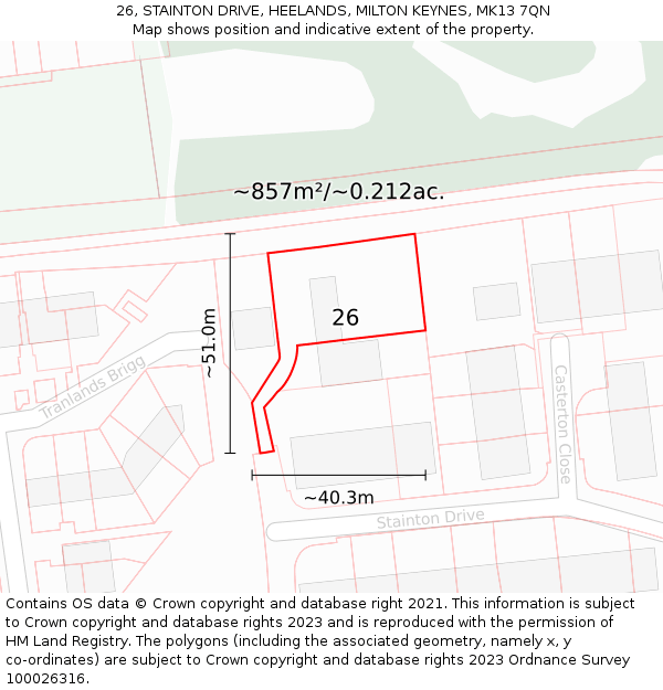 26, STAINTON DRIVE, HEELANDS, MILTON KEYNES, MK13 7QN: Plot and title map