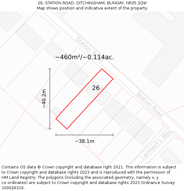 26, STATION ROAD, DITCHINGHAM, BUNGAY, NR35 2QW: Plot and title map