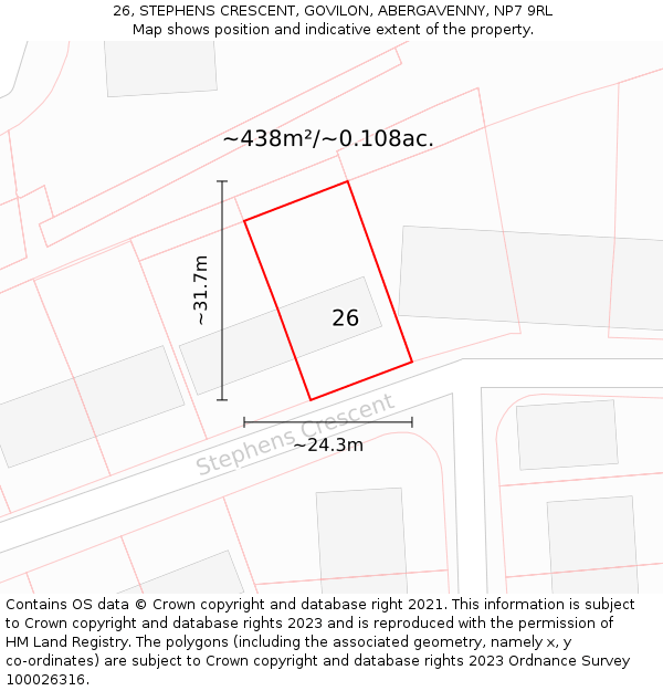 26, STEPHENS CRESCENT, GOVILON, ABERGAVENNY, NP7 9RL: Plot and title map