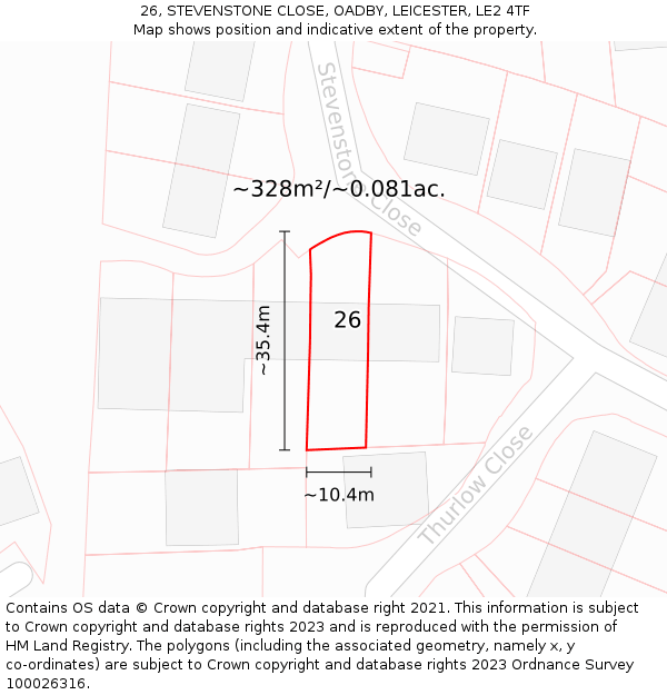 26, STEVENSTONE CLOSE, OADBY, LEICESTER, LE2 4TF: Plot and title map