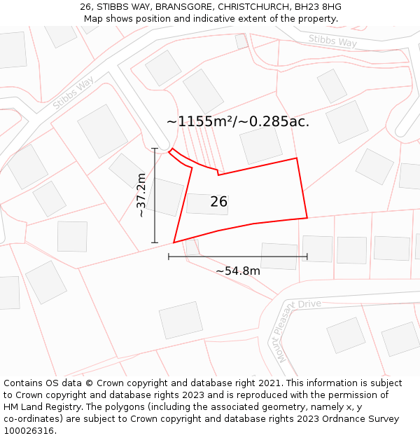 26, STIBBS WAY, BRANSGORE, CHRISTCHURCH, BH23 8HG: Plot and title map