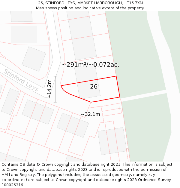 26, STINFORD LEYS, MARKET HARBOROUGH, LE16 7XN: Plot and title map