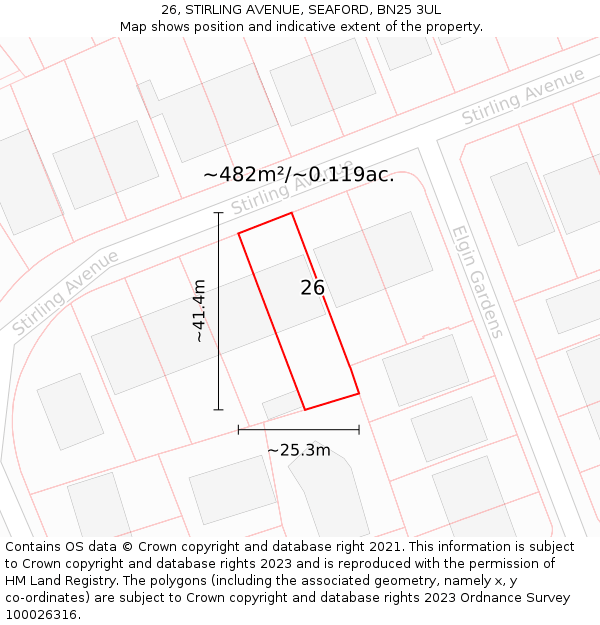 26, STIRLING AVENUE, SEAFORD, BN25 3UL: Plot and title map