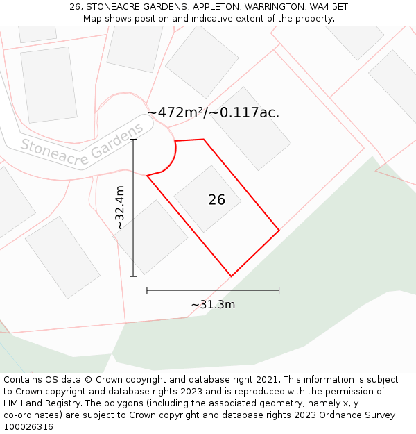 26, STONEACRE GARDENS, APPLETON, WARRINGTON, WA4 5ET: Plot and title map