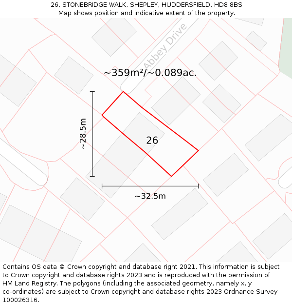 26, STONEBRIDGE WALK, SHEPLEY, HUDDERSFIELD, HD8 8BS: Plot and title map