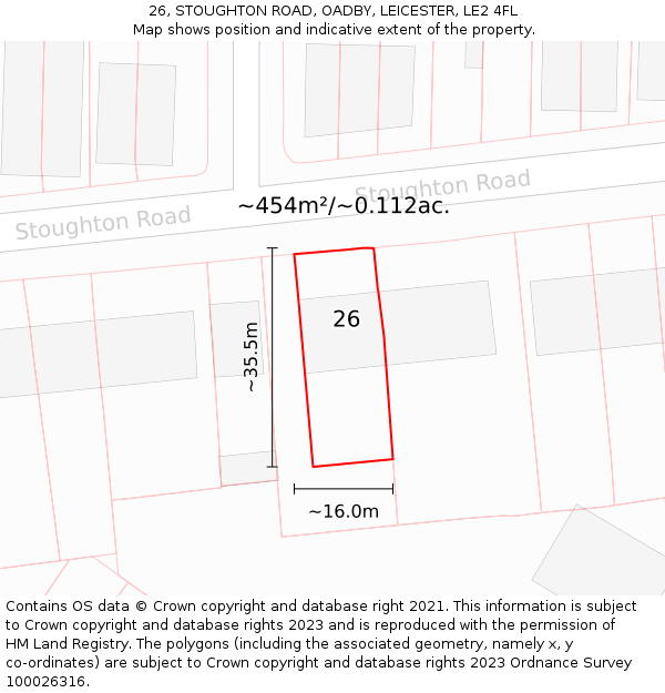 26, STOUGHTON ROAD, OADBY, LEICESTER, LE2 4FL: Plot and title map
