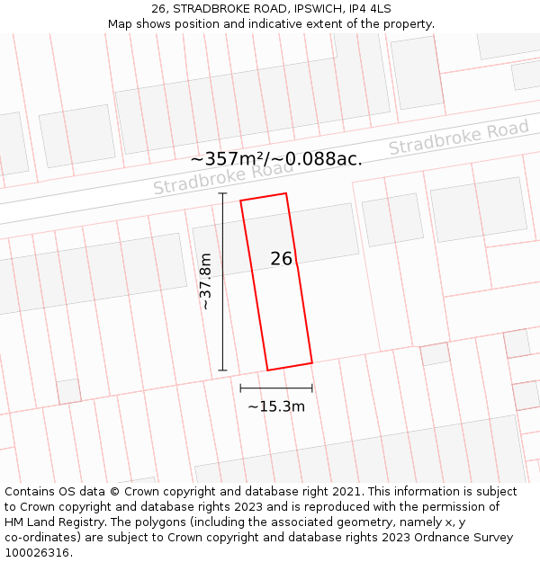 26, STRADBROKE ROAD, IPSWICH, IP4 4LS: Plot and title map