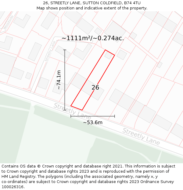 26, STREETLY LANE, SUTTON COLDFIELD, B74 4TU: Plot and title map
