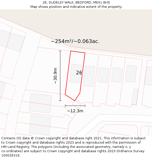 26, SUDELEY WALK, BEDFORD, MK41 8HS: Plot and title map