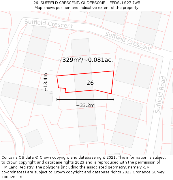 26, SUFFIELD CRESCENT, GILDERSOME, LEEDS, LS27 7WB: Plot and title map