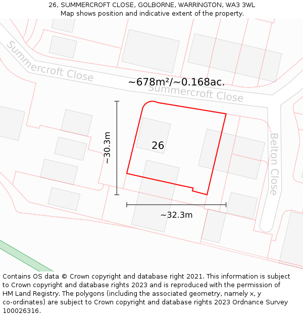 26, SUMMERCROFT CLOSE, GOLBORNE, WARRINGTON, WA3 3WL: Plot and title map