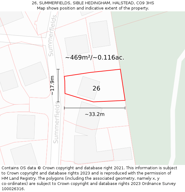 26, SUMMERFIELDS, SIBLE HEDINGHAM, HALSTEAD, CO9 3HS: Plot and title map