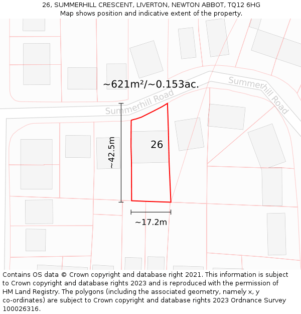 26, SUMMERHILL CRESCENT, LIVERTON, NEWTON ABBOT, TQ12 6HG: Plot and title map
