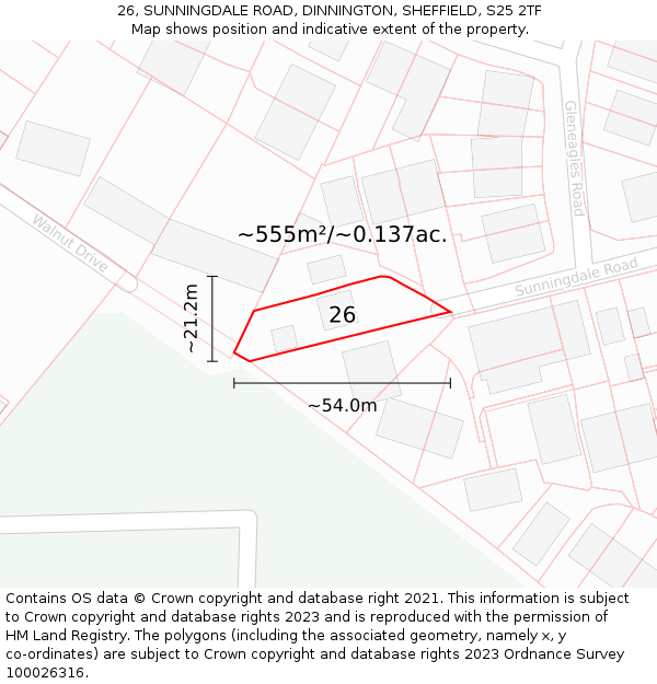 26, SUNNINGDALE ROAD, DINNINGTON, SHEFFIELD, S25 2TF: Plot and title map