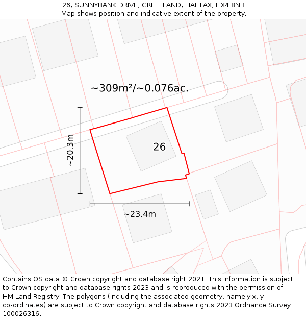 26, SUNNYBANK DRIVE, GREETLAND, HALIFAX, HX4 8NB: Plot and title map