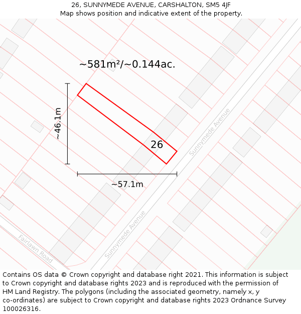 26, SUNNYMEDE AVENUE, CARSHALTON, SM5 4JF: Plot and title map