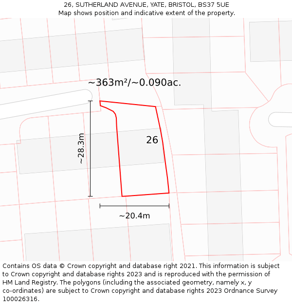 26, SUTHERLAND AVENUE, YATE, BRISTOL, BS37 5UE: Plot and title map
