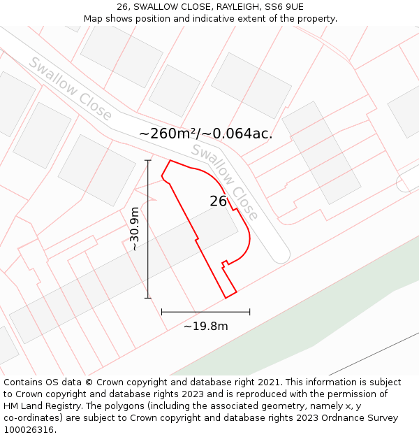 26, SWALLOW CLOSE, RAYLEIGH, SS6 9UE: Plot and title map