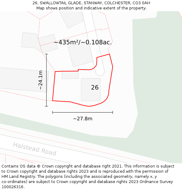 26, SWALLOWTAIL GLADE, STANWAY, COLCHESTER, CO3 0AH: Plot and title map