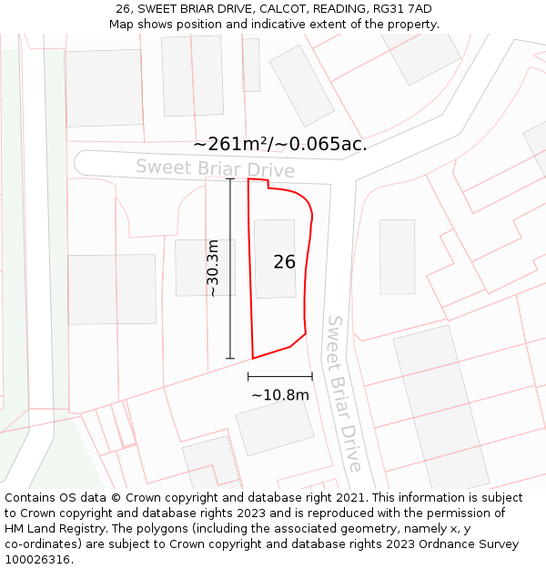 26, SWEET BRIAR DRIVE, CALCOT, READING, RG31 7AD: Plot and title map