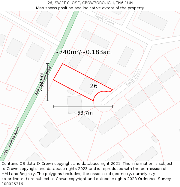 26, SWIFT CLOSE, CROWBOROUGH, TN6 1UN: Plot and title map