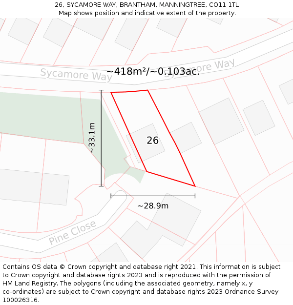 26, SYCAMORE WAY, BRANTHAM, MANNINGTREE, CO11 1TL: Plot and title map