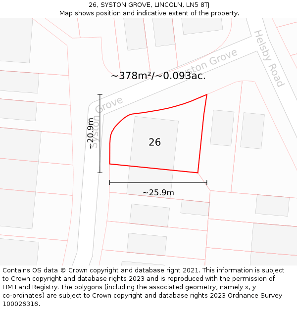 26, SYSTON GROVE, LINCOLN, LN5 8TJ: Plot and title map