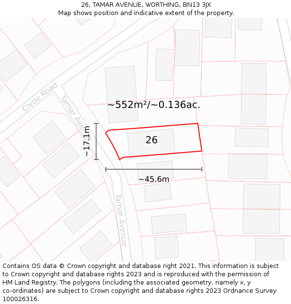 26, TAMAR AVENUE, WORTHING, BN13 3JX: Plot and title map