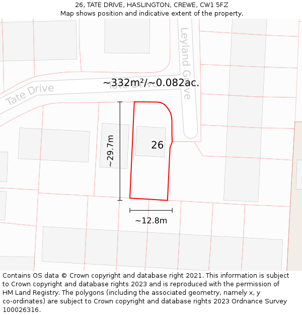 26, TATE DRIVE, HASLINGTON, CREWE, CW1 5FZ: Plot and title map