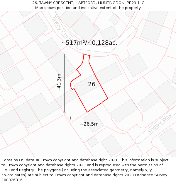 26, TAWNY CRESCENT, HARTFORD, HUNTINGDON, PE29 1LG: Plot and title map