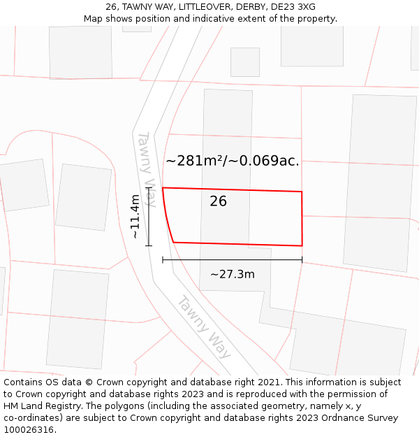 26, TAWNY WAY, LITTLEOVER, DERBY, DE23 3XG: Plot and title map