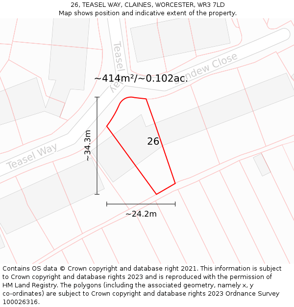 26, TEASEL WAY, CLAINES, WORCESTER, WR3 7LD: Plot and title map