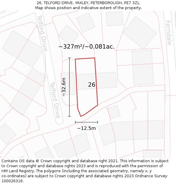 26, TELFORD DRIVE, YAXLEY, PETERBOROUGH, PE7 3ZL: Plot and title map