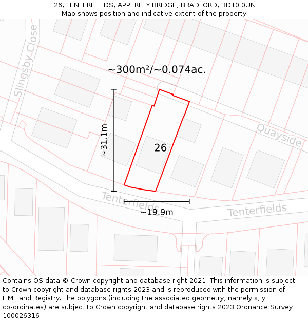 26, TENTERFIELDS, APPERLEY BRIDGE, BRADFORD, BD10 0UN: Plot and title map