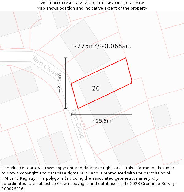 26, TERN CLOSE, MAYLAND, CHELMSFORD, CM3 6TW: Plot and title map