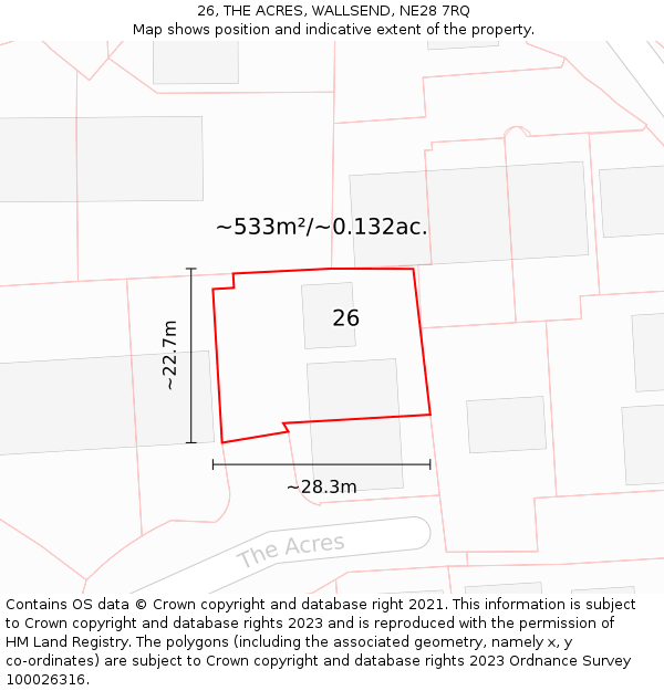 26, THE ACRES, WALLSEND, NE28 7RQ: Plot and title map