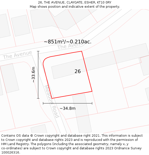 26, THE AVENUE, CLAYGATE, ESHER, KT10 0RY: Plot and title map