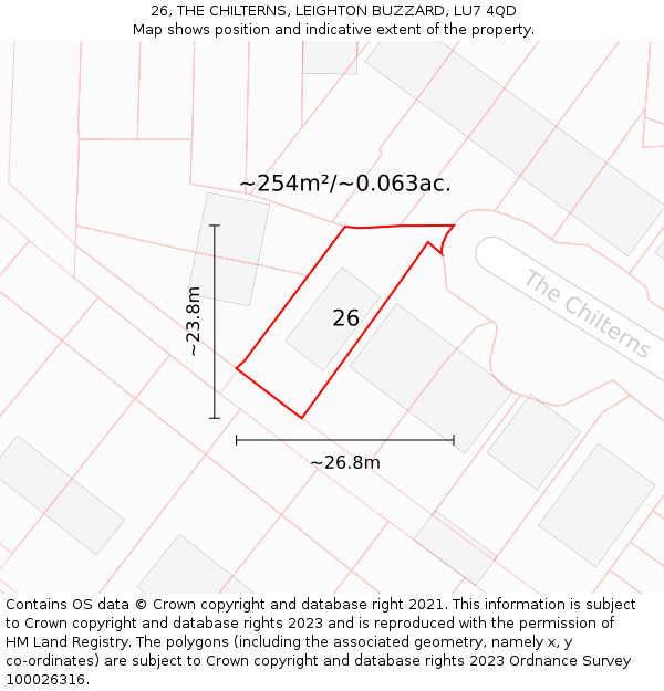 26, THE CHILTERNS, LEIGHTON BUZZARD, LU7 4QD: Plot and title map