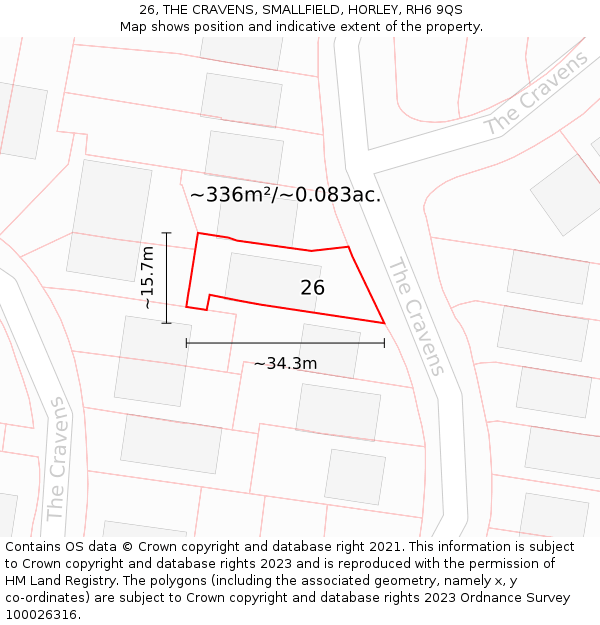 26, THE CRAVENS, SMALLFIELD, HORLEY, RH6 9QS: Plot and title map