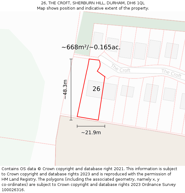 26, THE CROFT, SHERBURN HILL, DURHAM, DH6 1QL: Plot and title map
