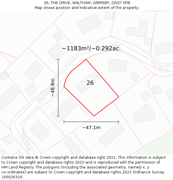 26, THE DRIVE, WALTHAM, GRIMSBY, DN37 0FB: Plot and title map