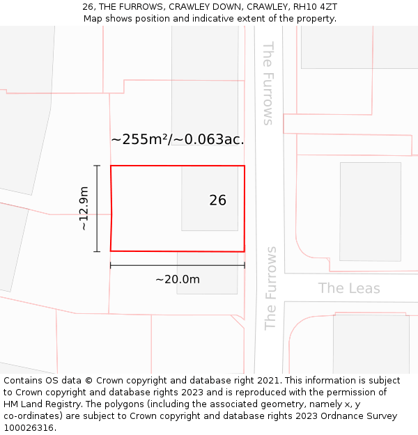 26, THE FURROWS, CRAWLEY DOWN, CRAWLEY, RH10 4ZT: Plot and title map