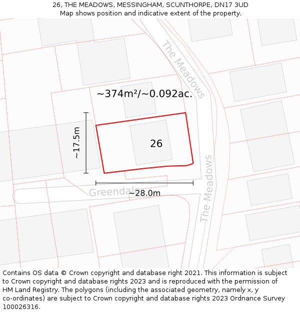 26, THE MEADOWS, MESSINGHAM, SCUNTHORPE, DN17 3UD: Plot and title map