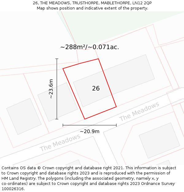 26, THE MEADOWS, TRUSTHORPE, MABLETHORPE, LN12 2QP: Plot and title map