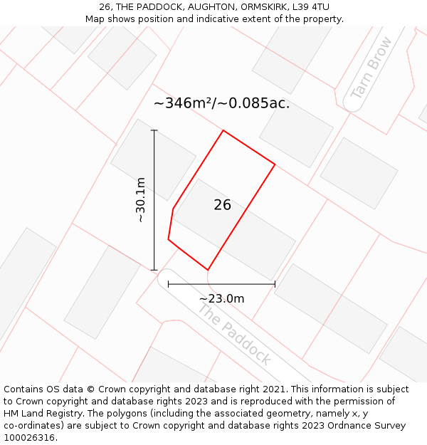 26, THE PADDOCK, AUGHTON, ORMSKIRK, L39 4TU: Plot and title map