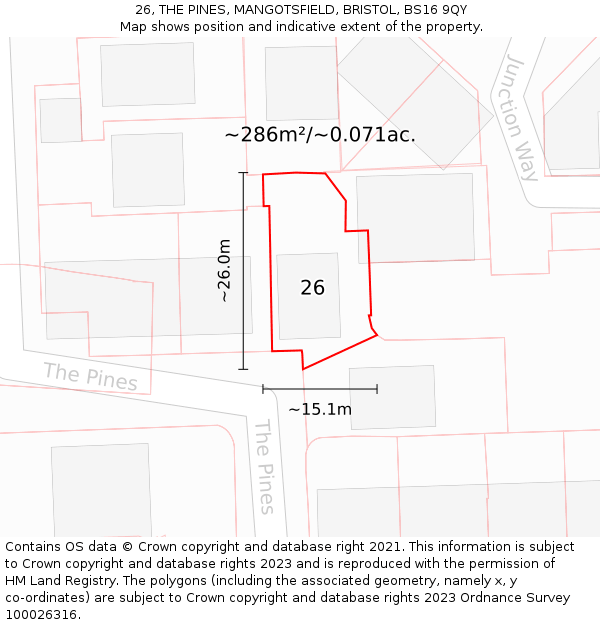 26, THE PINES, MANGOTSFIELD, BRISTOL, BS16 9QY: Plot and title map