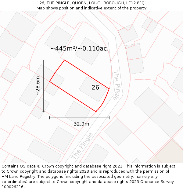 26, THE PINGLE, QUORN, LOUGHBOROUGH, LE12 8FQ: Plot and title map